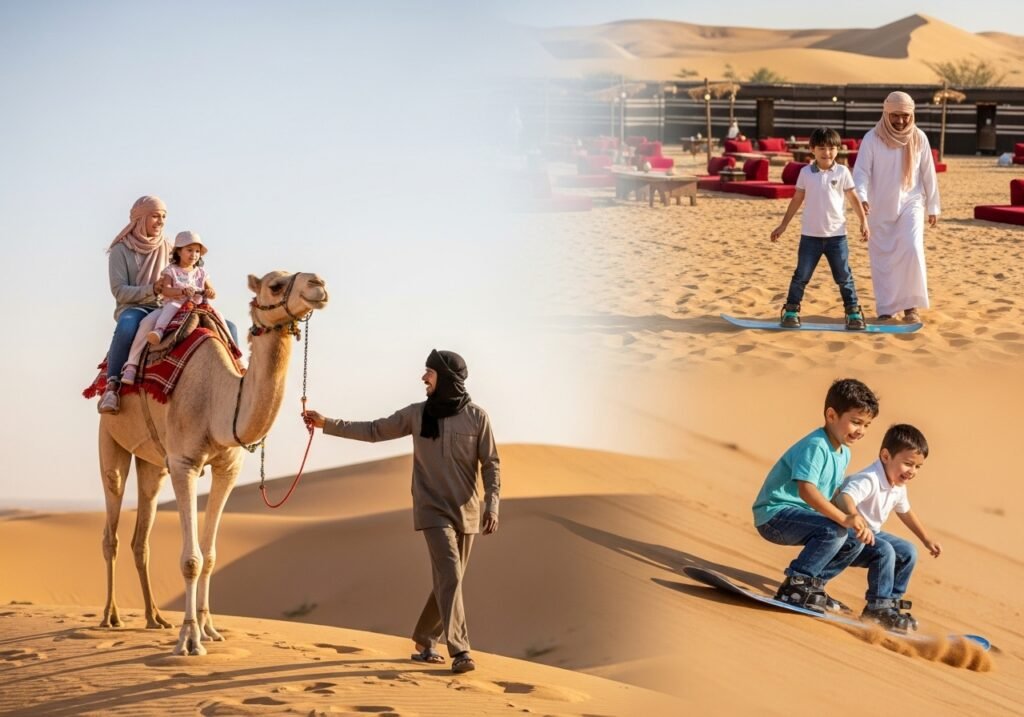 Ensuring Desert Safari Safe for Kids with gentle activities like camel ride for children and safe dune bashing for kids.