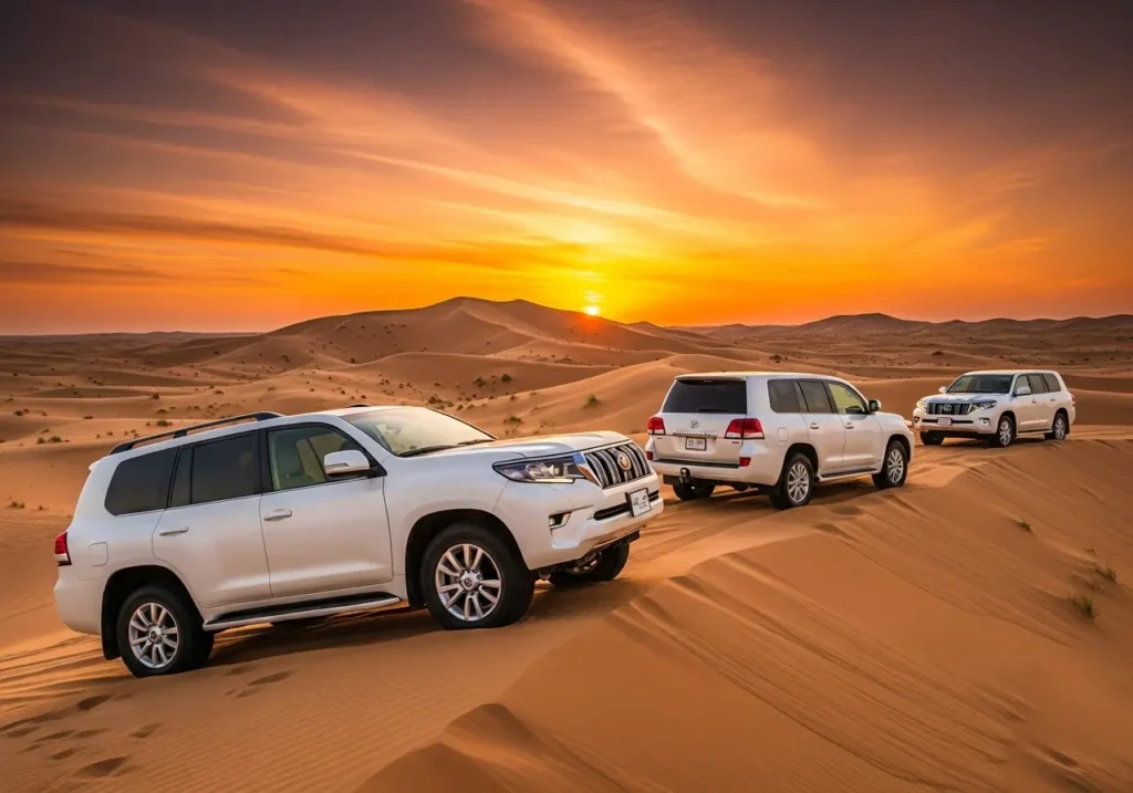 Захватывающее сафари в пустыне ОАЭ на закате с колонной внедорожников на золотых дюнах.