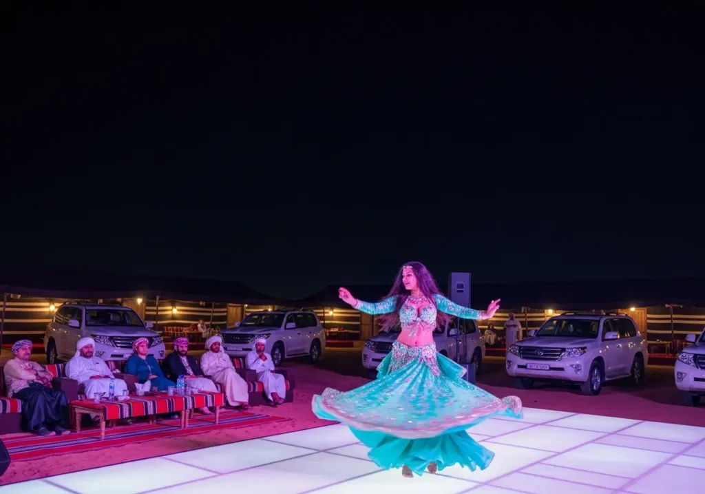 Завораживающее шоу на сафари в Дубае танец живота в традиционном лагере в пустыне ночью.