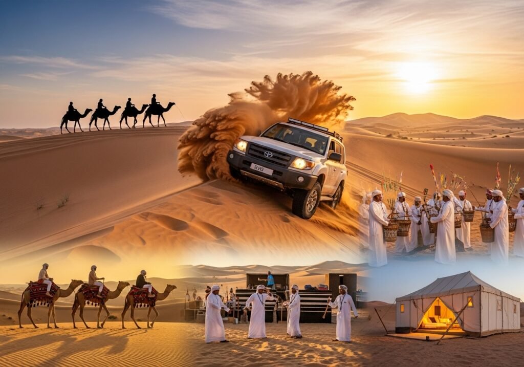 Experiencing the Dubai Great Desert Safari, featuring thrilling dune bashing, camel rides, and an authentic desert culture camp.