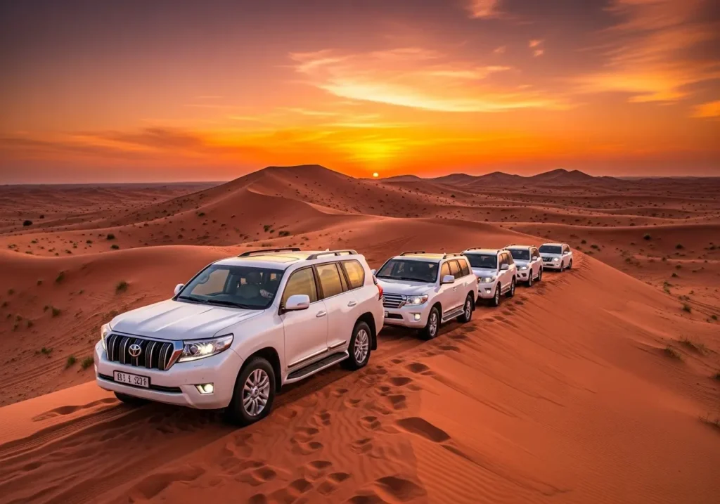 Захватывающее бронирование сафари в Дубае на закате с колонной внедорожников на красных дюнах. Билеты на сафари в Дубае