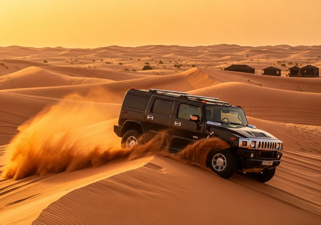 Experiencing the thrilling Hummer VIP Desert Safari with powerful Hummer dune bashing on Dubai's red dunes safari.
