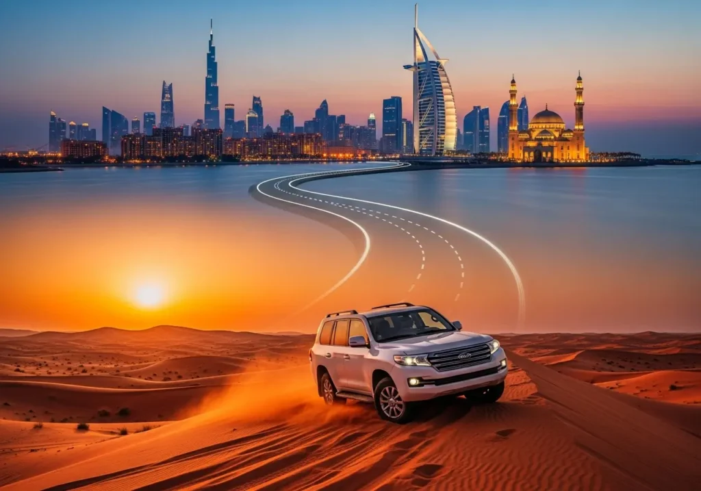 A split-image showing the seamless journey of a Desert Safari Jumeirah, from the iconic Jumeirah skyline to a thrilling desert adventure.