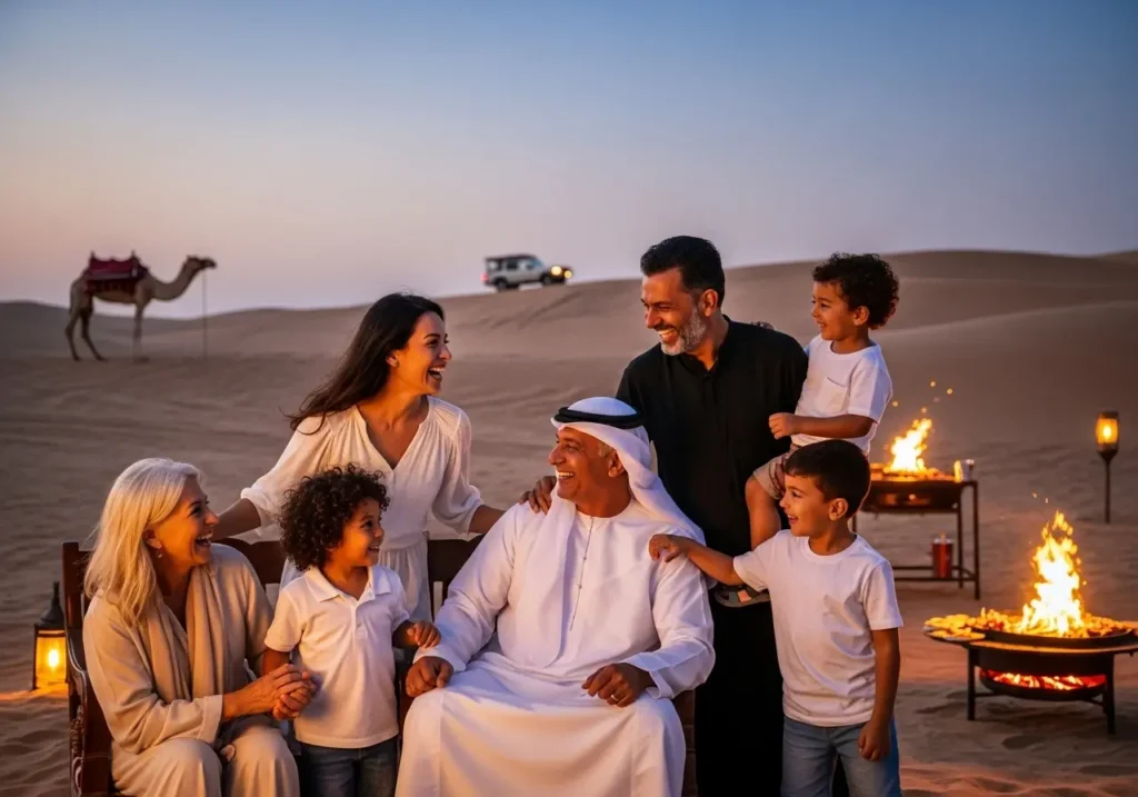 A joyful family enjoying the vibrant atmosphere of a Happy Desert Safari in the United Arab Emirates, Dubai.