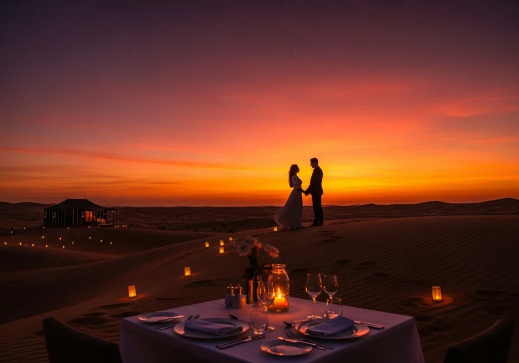 Experiencing a Romantic Desert Safari Dubai, perfect for couples seeking a luxury desert retreat and stargazing for couples.