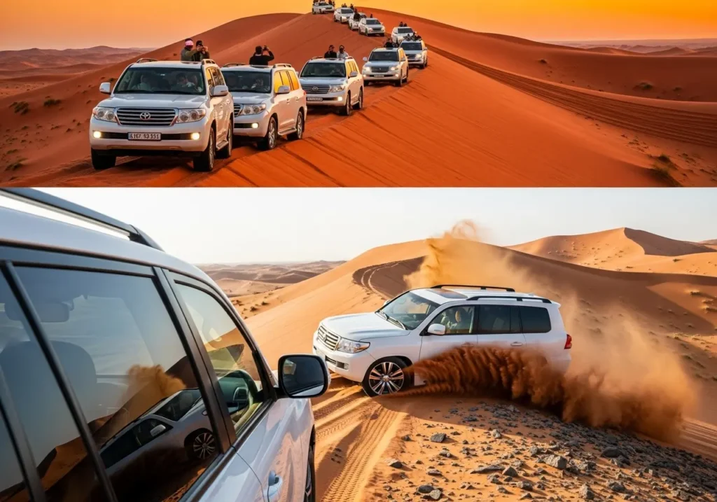 A split-image showing the thrilling action and serene beauty of a Dubai Dune Bashing experience at sunset.