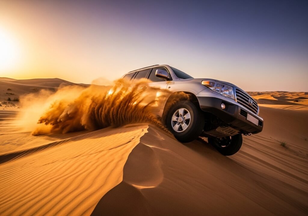 Experiencing the ultimate Dubai Dune Bashing Thrill during a high-speed, exhilarating 4x4 desert safari.