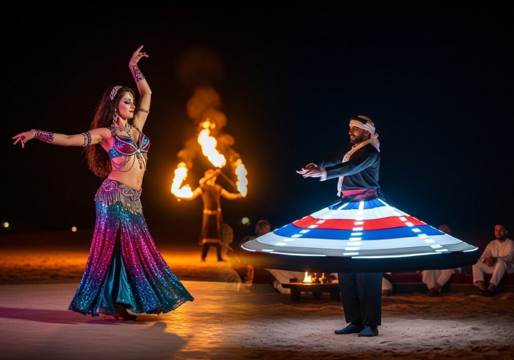 Experiencing the vibrant Desert Camp Shows Dubai with mesmerizing Bellydancing and Tanoura dance Dubai at an evening safari.