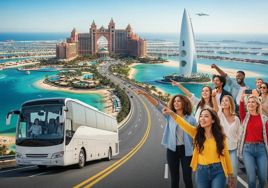 A guided tour exploring The Palm Jumeirah Atlantis, with a photo stop at the iconic hotel.