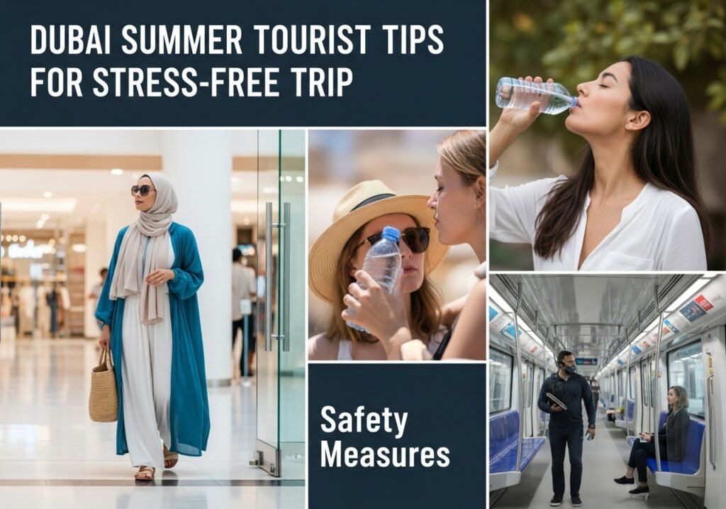 Essential Dubai Summer Tourist Tips for a comfortable and stress-free vacation, including dressing appropriately and staying hydrated.