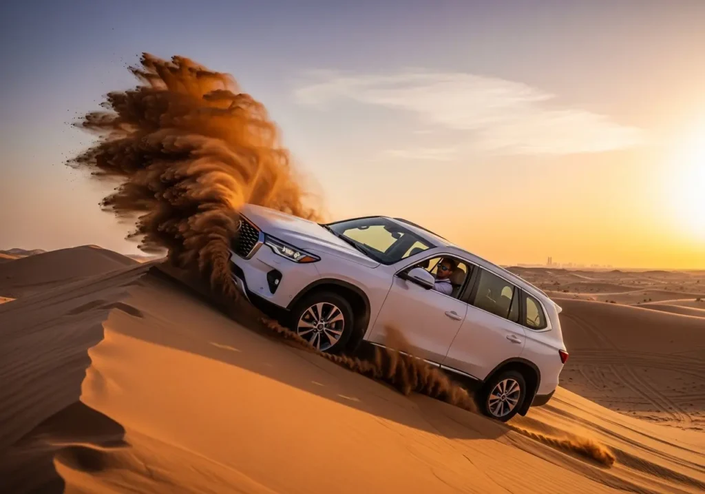 A 4x4 vehicle in action during a thrilling Dune bashing Dubai adventure at sunset.