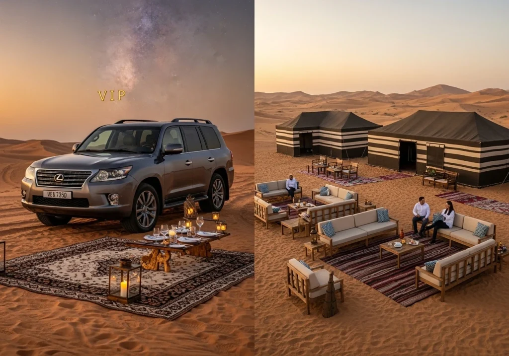 Comparing the distinct advantages of a Private vs Shared Desert Safari for a luxury desert safari experience.