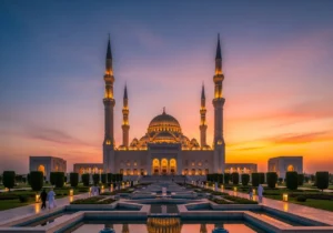 The stunning sunset view of the Grand Mosque Sharjah.