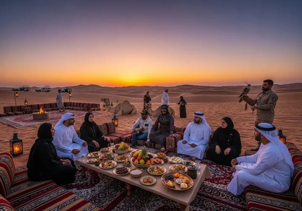 A serene Iftar setup with dates and a lantern during a beautiful Desert Safari Dubai during Ramadan at sunset.