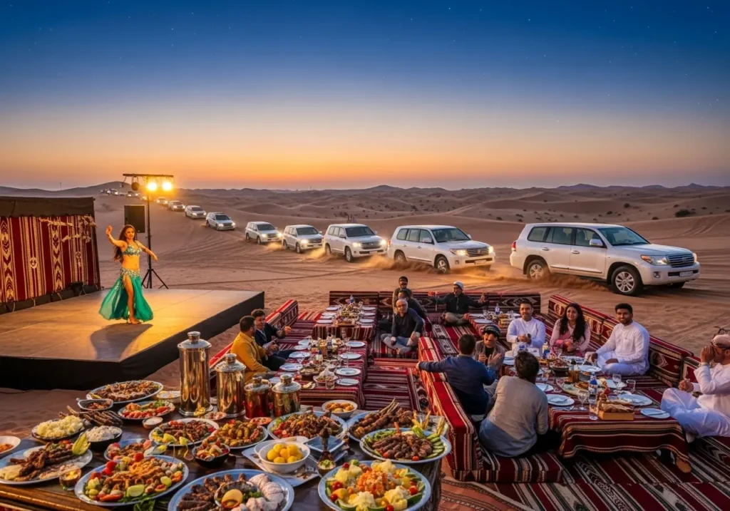 A magical desert camp scene representing the complete Desert Safari Dubai Package with a lantern, camel, and entertainment.