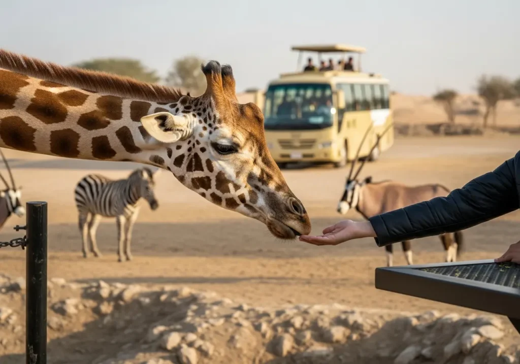 A visitor joyfully feeding a giraffe at the incredible Dubai Safari Park, with a safari bus in the background.