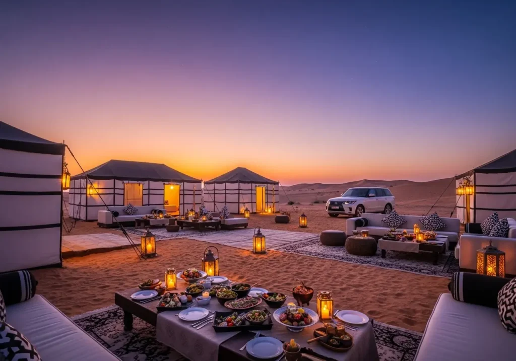A luxurious private camp setting for a Luxury Desert Safari Dubai, showcasing a premium desert experience that's truly worth the price.