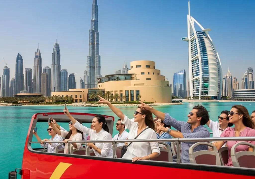 Exploring Dubai with a Dubai City Tour Bus, a hop-on hop-off Dubai experience for a flexible Dubai tour.