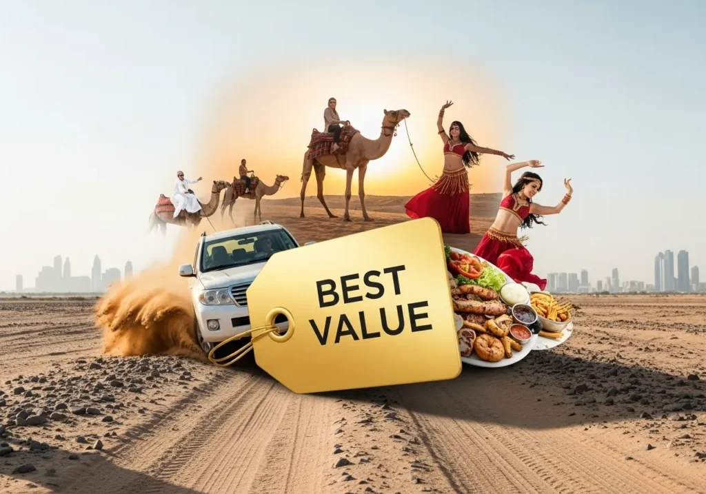A vibrant collage showcasing the activities included in a great value Desert Safari Dubai Price package.