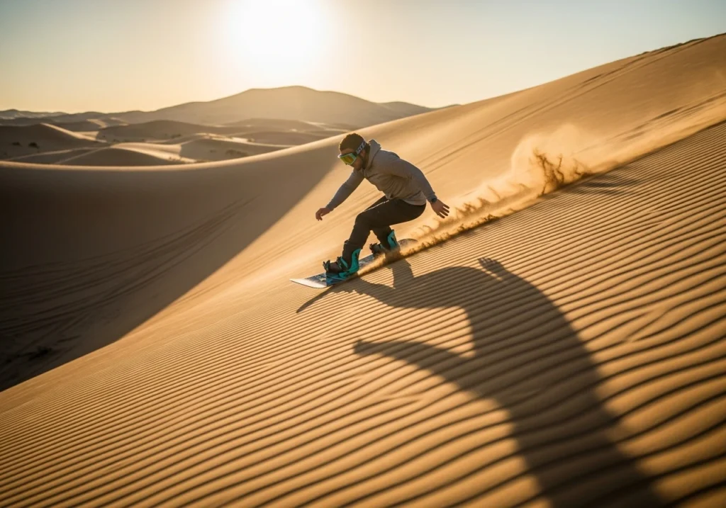 An exhilarating Sandboarding Dubai Desert experience, with a person gliding down a golden sand dune