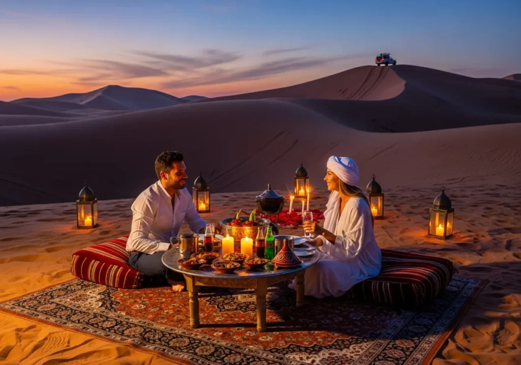 A romantic silhouette of a couple enjoying a beautiful Sunset Desert Safari Dubai for Couples