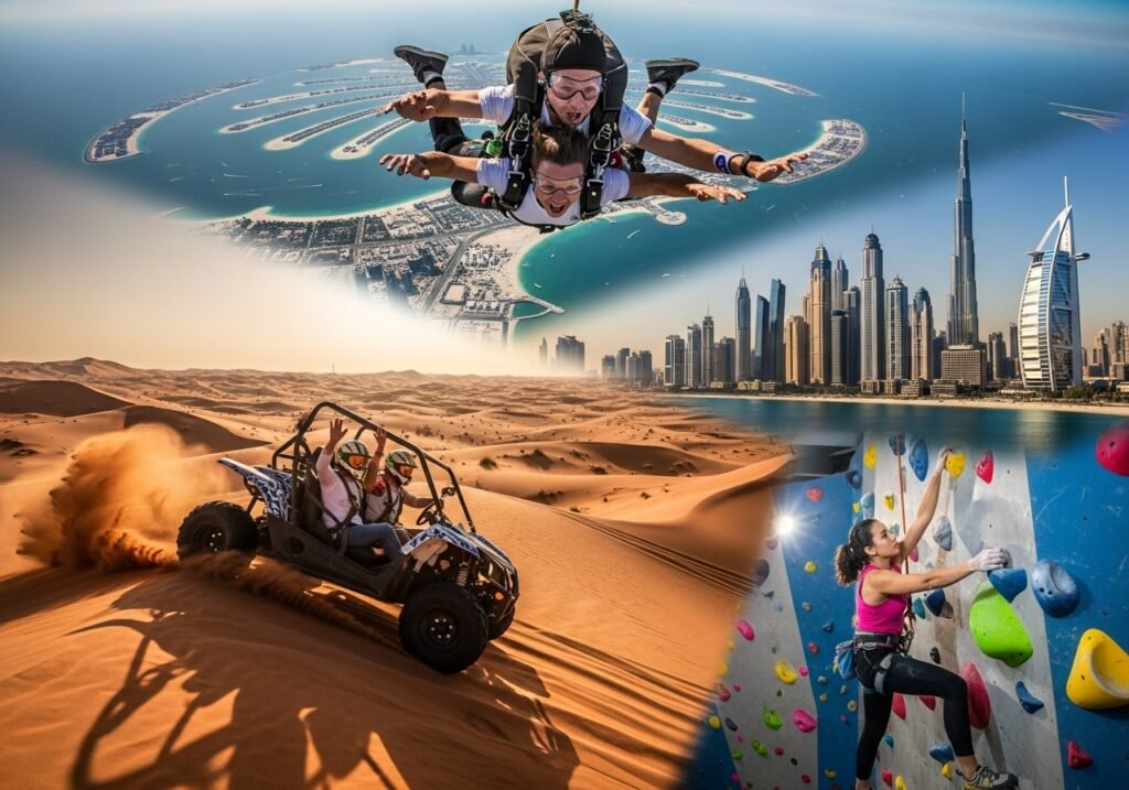 Panoramic view of Dubai Adventure Hub featuring skydiving, dune buggies, and indoor climbing, highlighting its diverse global adventure tourism offerings.
