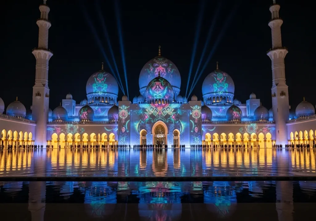 A beautiful Mosque Night Light Shows display on a magnificent mosque at night.