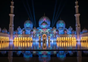 A beautiful Mosque Night Light Shows display on a magnificent mosque at night.