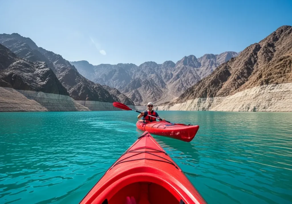 A person enjoying a Kayaking Hatta Tour on the turquoise waters of Hatta Dam.