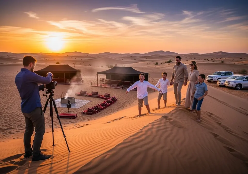 A photographer's silhouette capturing a stunning photo of a camel caravan during a Dubai Safari Photography