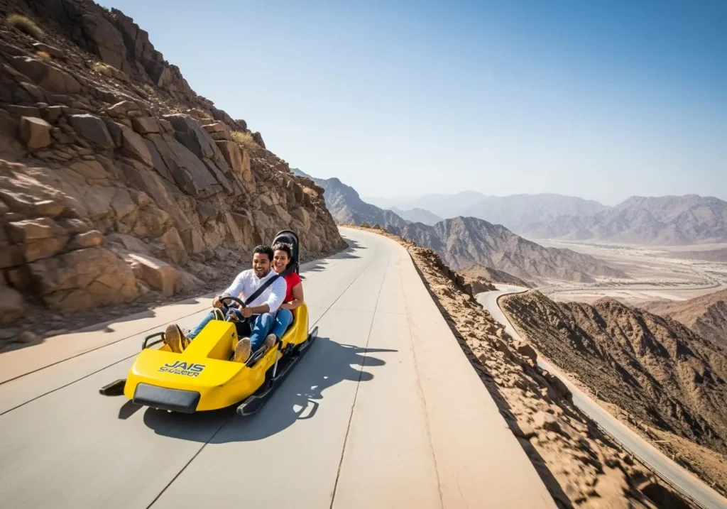 A person riding the Jais Sledder with a panoramic view of the Hajar Mountains.