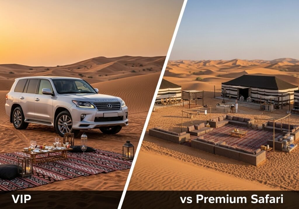 Comparing the distinct advantages of a VIP vs Premium Desert Safari for a luxury desert safari experience.