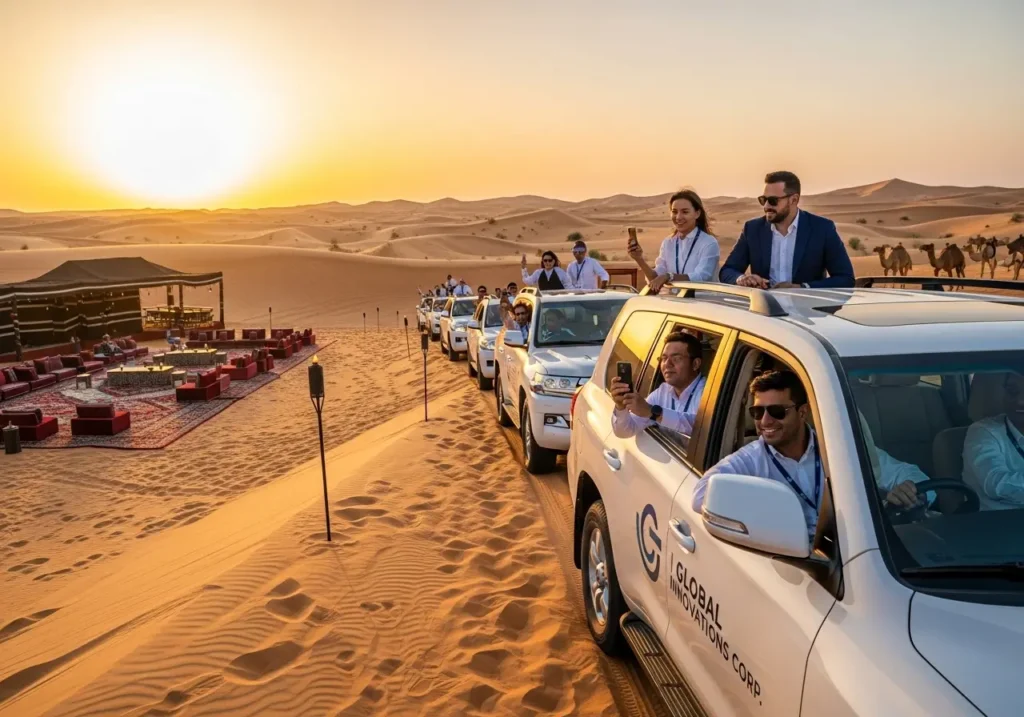 An elegant dinner setup for a Corporate Desert Safari Dubai, with guests networking in a desert camp at sunset.