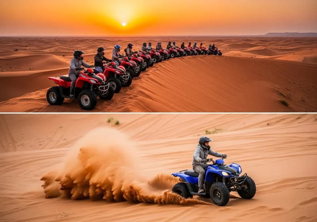 A split-image showing the thrilling action and serene beauty of a Dubai Quad Biking experience at sunset.