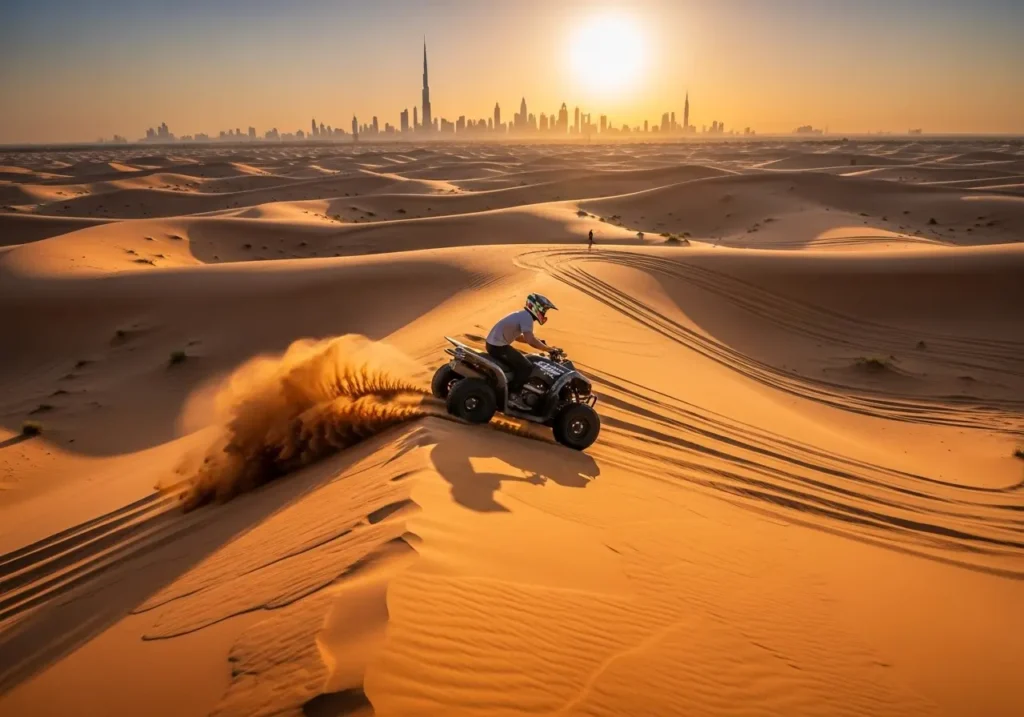 A person on a quad bike enjoying the ultimate freedom of a Quad Biking Dubai Desert adventure at sunset.
