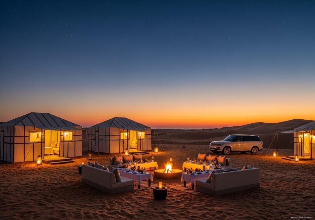 Experiencing the ultimate VIP Desert Safari Dubai with luxury desert experience at a private camp under a starry sky.