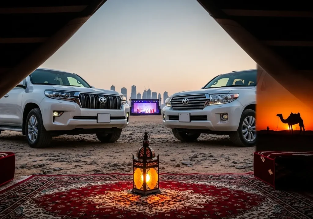 A magical desert camp scene representing the Adventure of a Life at Dubai Desert with a lantern, camel, and entertainment.