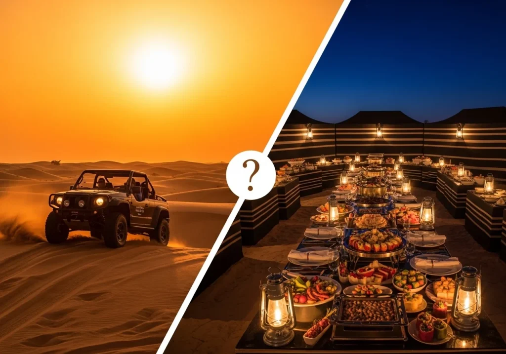 A split image representing the choice of an Optional BBQ Dinner Safari, with dune bashing on one side and a lavish dinner on the other.