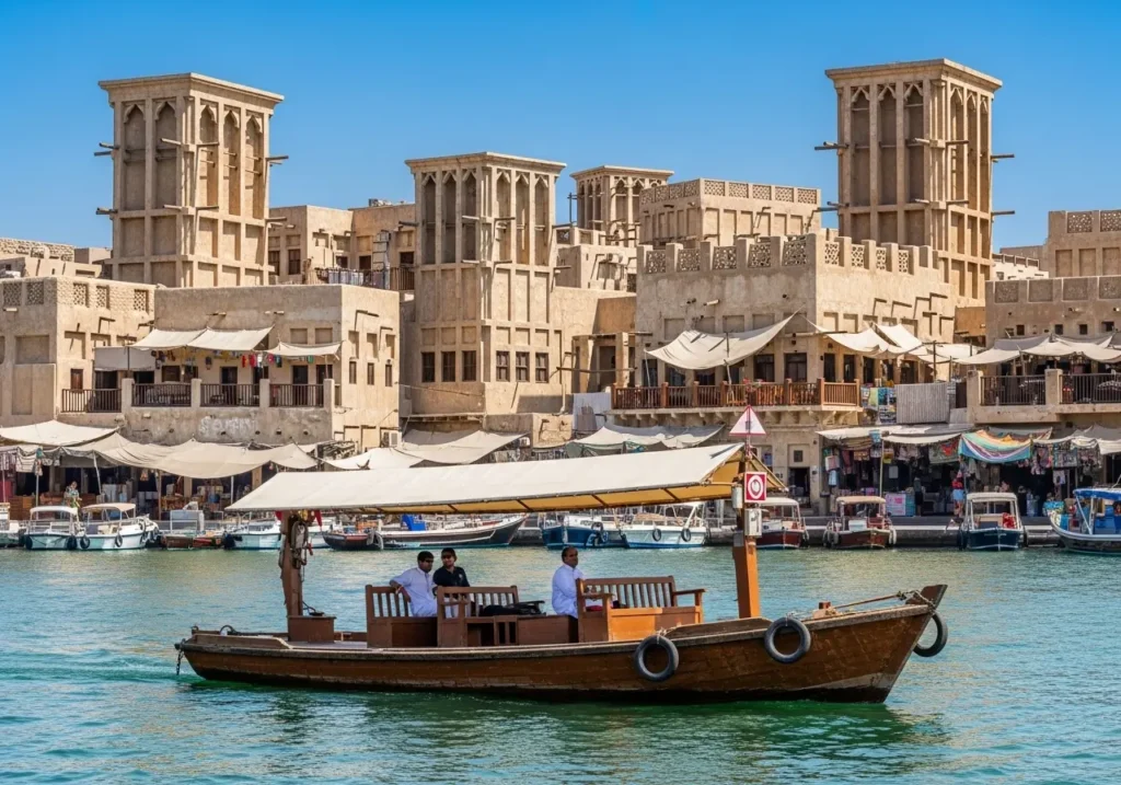 Exploring a comprehensive Dubai Half-Day Traditional City Tour, featuring Al Fahidi historical neighbourhood and a Dubai Creek abra ride.