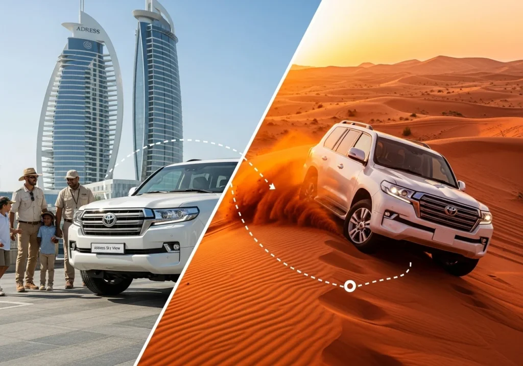 A split-image showing a seamless Pickup from your location Dubai, from a city hotel to an exciting desert safari adventure.
