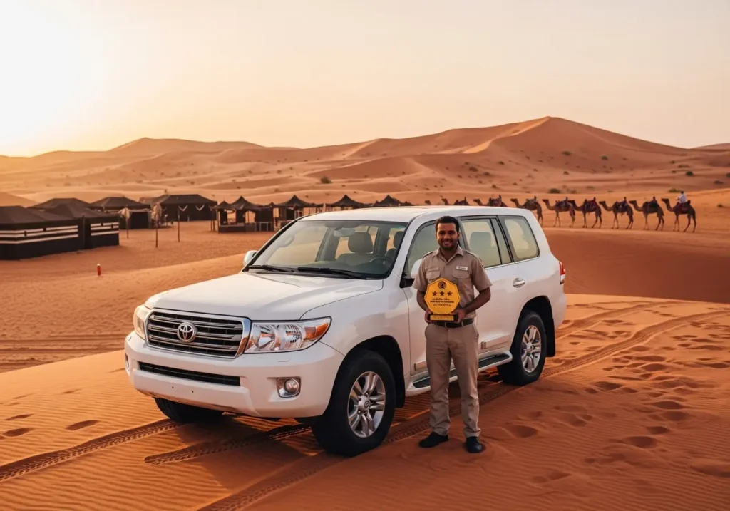 A professional guide with a 5-star trophy, representing the Best Dubai Safari Company for an Arabian Adventures Safari, in front of a 4x4 at sunset.