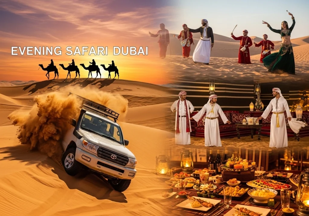 Experiencing the ultimate Evening Desert Safari Dubai, featuring thrilling dune bashing sunset, camel riding Dubai, and vibrant desert camp entertainment.