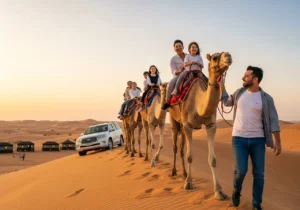 A happy family enjoying a beautiful camel ride during a Desert Safari for Kids in Dubai at sunset.