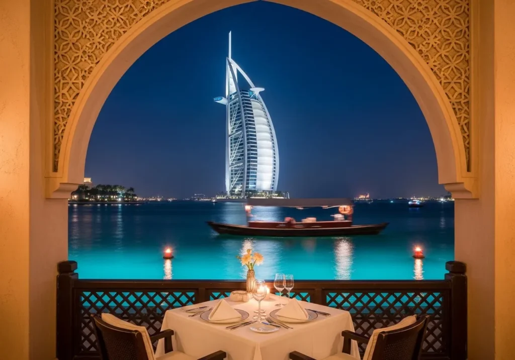 A romantic dinner at one of the Arabian Resort Dubai Restaurants, with a view of the waterways and the Burj Al Arab.
