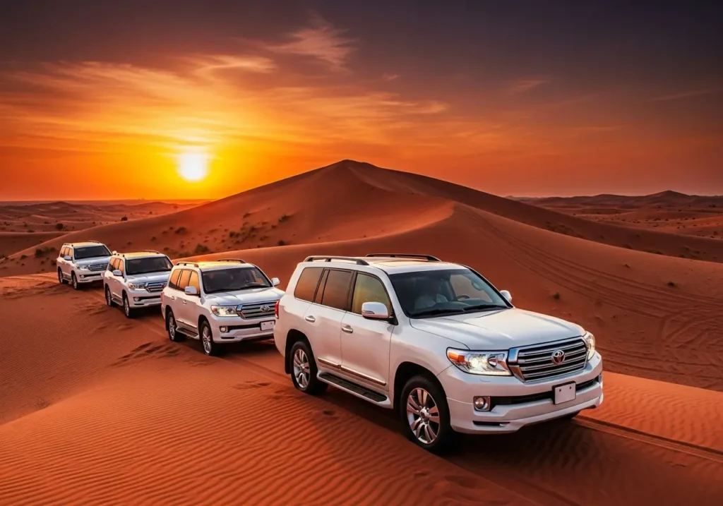 Захватывающее лучшее сафари в Дубае на закате с колонной внедорожников на красных дюнах.