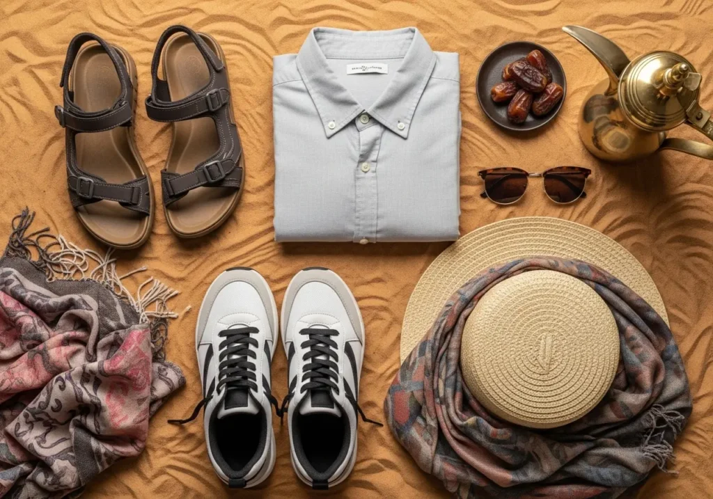 A stylish flat-lay of essential items to Wear for Desert Safari Dubai, including hats, sunglasses, and practical footwear.