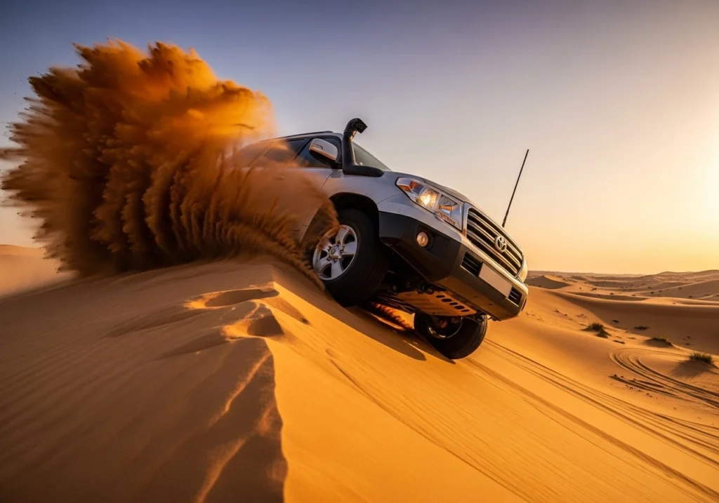 A dynamic, low-angle shot of a powerful 4x4 vehicle (e.g., a Land Cruiser) in mid-action, cresting a steep, golden sand dune in the Dubai desert. Dust billows dramatically from behind the tires. The sky is a vibrant sunset orange and purple. Emphasize the speed, excitement, and the thrilling nature of Dubai Desert Safari Dune Bashing. The vehicle should look modern and robust.