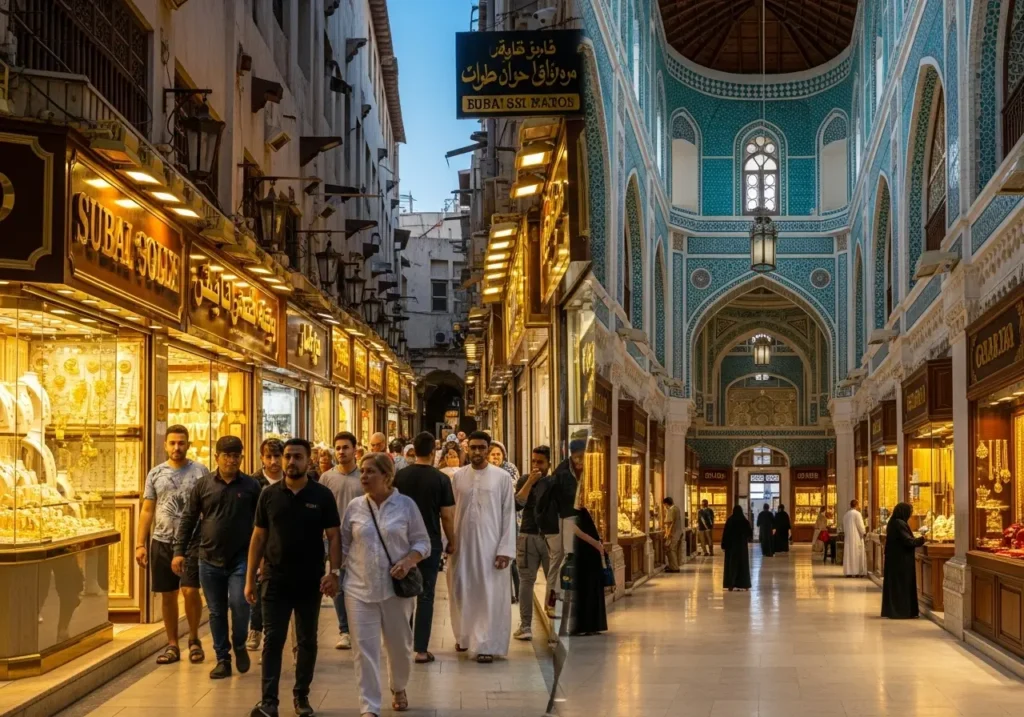 A visual comparison of the Dubai Gold Souk vs Sharjah Gold Souk, showing their distinct atmospheres and architecture.