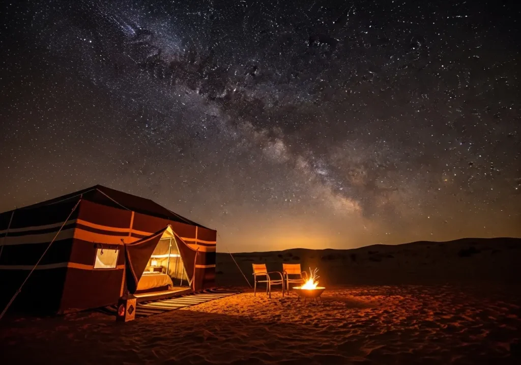 A magical Dubai Overnight Camping scene with a glowing tent and a bonfire under a starry desert sky.