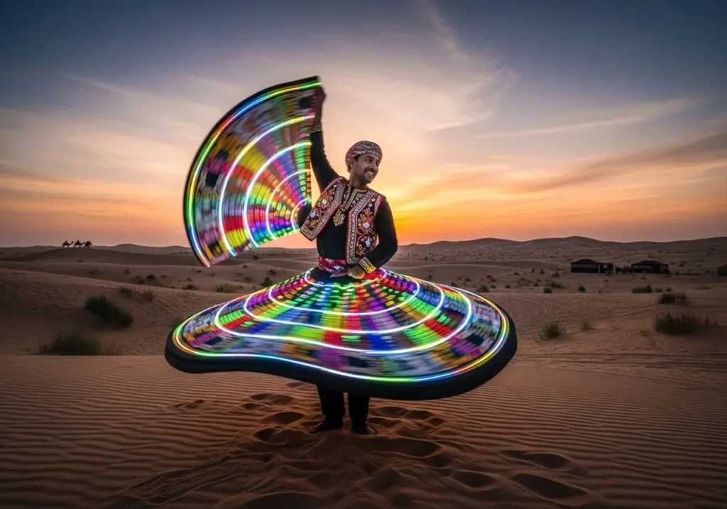 A mesmerizing Tanoura Show Dubai Desert with a dancer creating stunning light trails with an LED skirt.